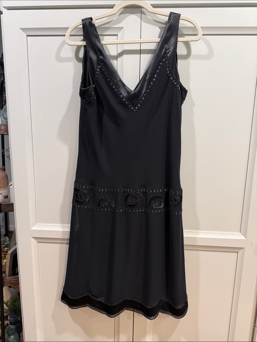 Vintage R & M Richards Black Beaded Drop-Waist Flapper Slip Dress size 12